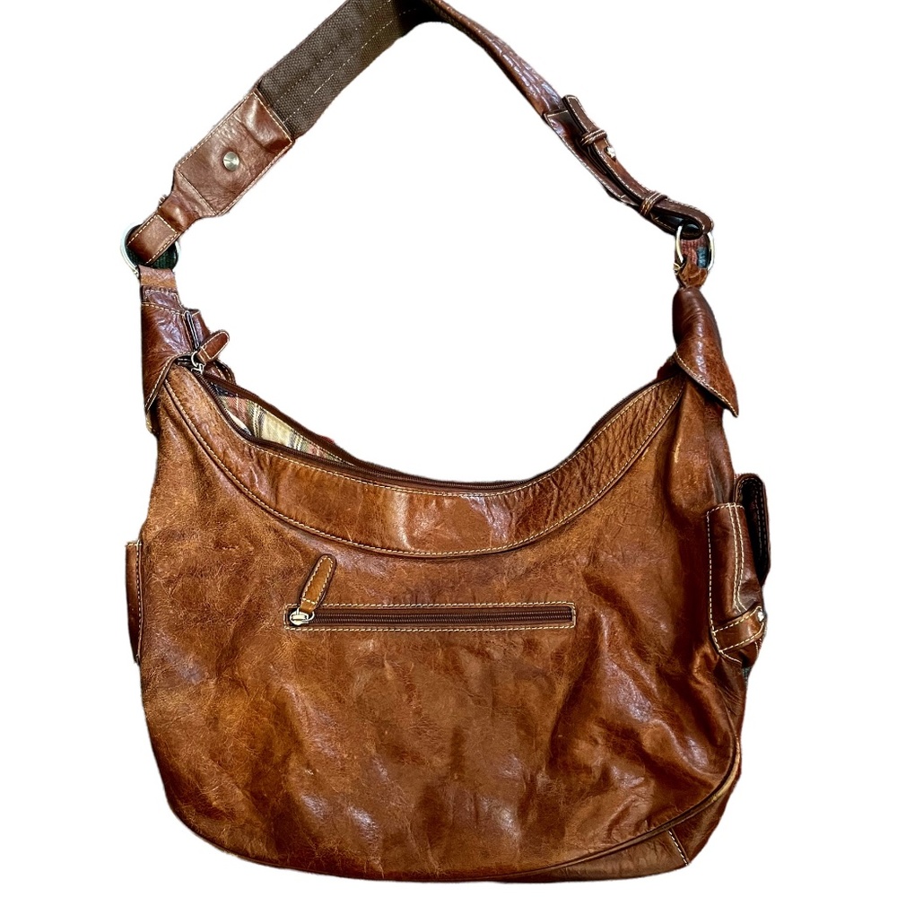 Timothy Oulton Brown Leather Shoulder Bag with Side Pockets and Plaid Lining